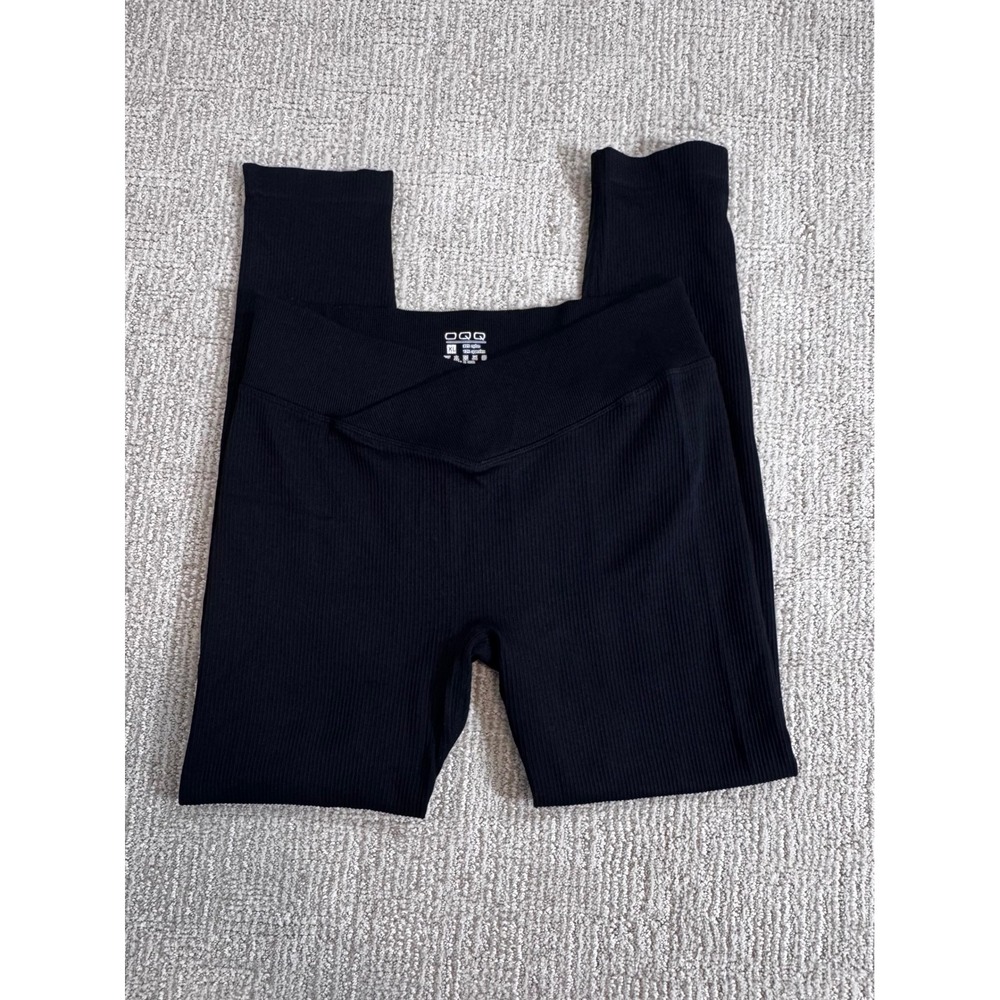OQQ Womens Ribbed Crossover V Waist Yoga Leggings Black XL High Rise Athletic